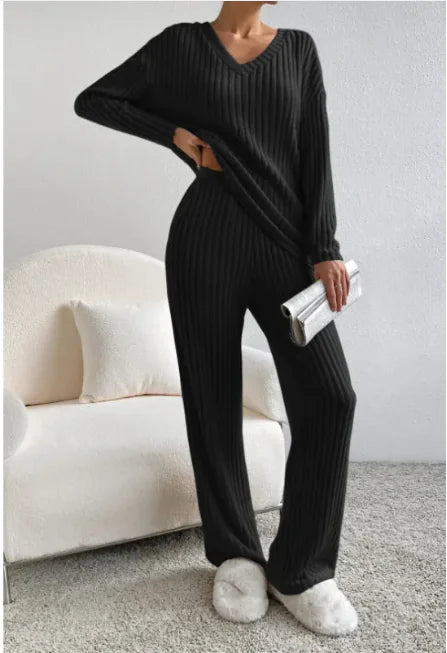 V-Neck Striped Suit & Straight-Leg Pants Set