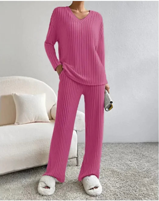 V-Neck Striped Suit & Straight-Leg Pants Set