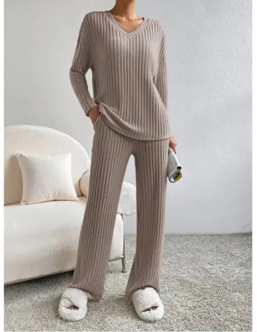 V-Neck Striped Suit & Straight-Leg Pants Set