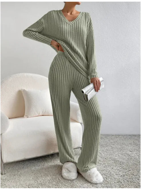 V-Neck Striped Suit & Straight-Leg Pants Set