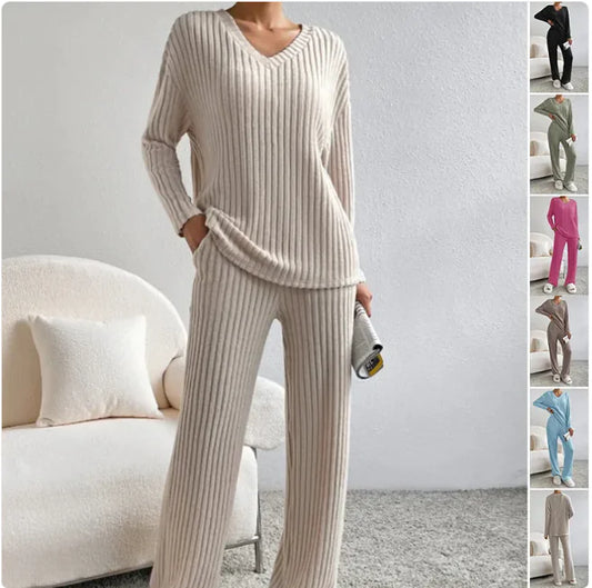 V-Neck Striped Suit & Straight-Leg Pants Set