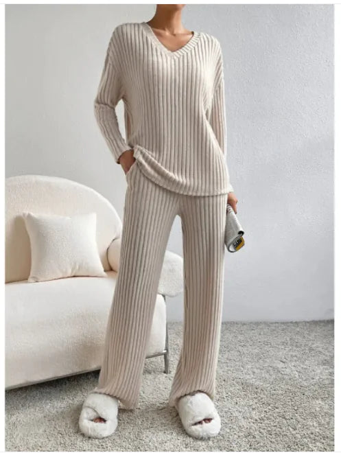 V-Neck Striped Suit & Straight-Leg Pants Set